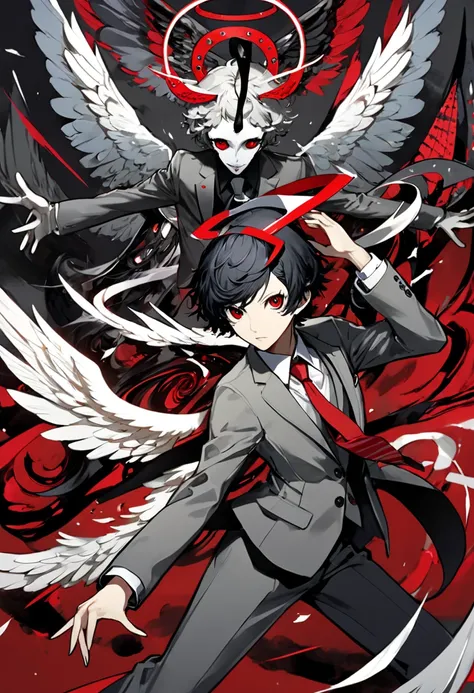 (masterpiece, best quality),Detailed illustration of angel girl, in a highly stylized game character design. An angel with a goats face. Baphomet face. Angel wings and angel halo. Wearing a gray suit and red tie..(Character design by shigenori Soejima,Char...