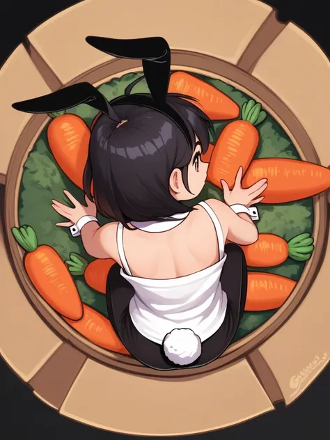 top view , hentai anime girl, realistic shadow, detailed skin, black hair, very detailed, white shirt, bright moon, masterpiece, highest quality, single woman, solo , euphoria , Fake rabbit ears , Fake rabbit tail on hip , in the box , (all fours) , (carro...