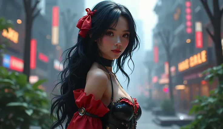 Disneys Snow White, black hair, red ribbon in hair, classic European beauty, cyberpunk clothing, background a cyberpunk city park,