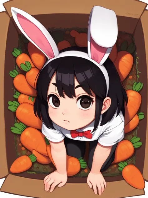 top view , hentai anime girl, realistic shadow, detailed skin, black hair, very detailed, white shirt, bright moon, masterpiece, highest quality, single woman, solo , euphoria , Fake rabbit ears , Fake rabbit tail on hip , in the box , (all fours) , (carro...