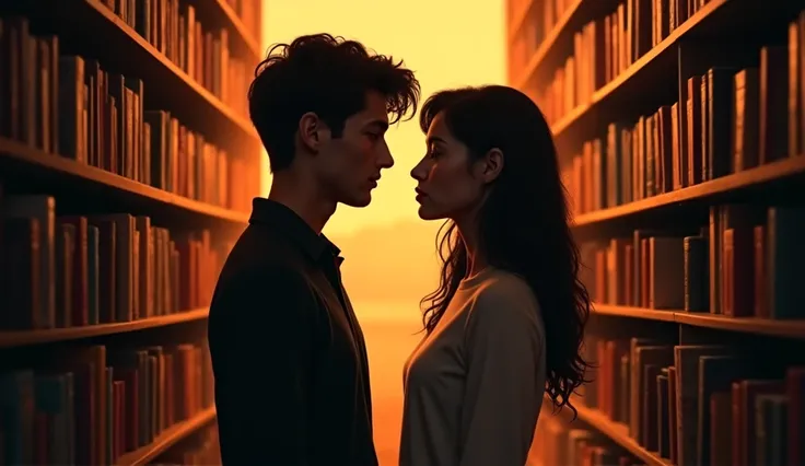 A cozy bookstore with warm lighting. Aria and Kian stand facing each other, surrounded by bookshelves, their expressions a mix of love and sadness.