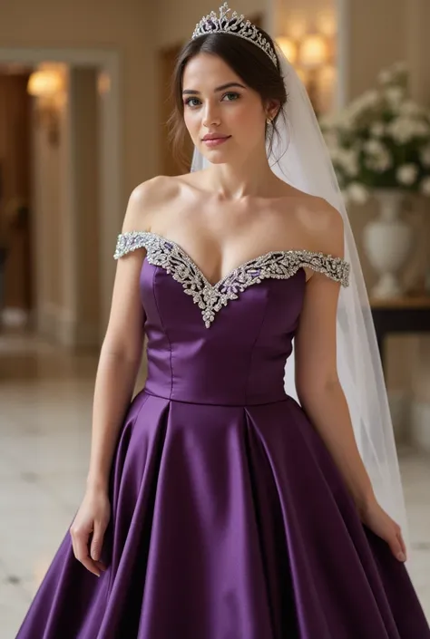 Ultra realistic Picture of a upper body of a beautyful young brunette Bride with a dark purple metallic satin Princess Weddingdress with off shoulder straps and silver stones and a bridal veil with diadem. The Bride stands in the Lobby and is ready for the...