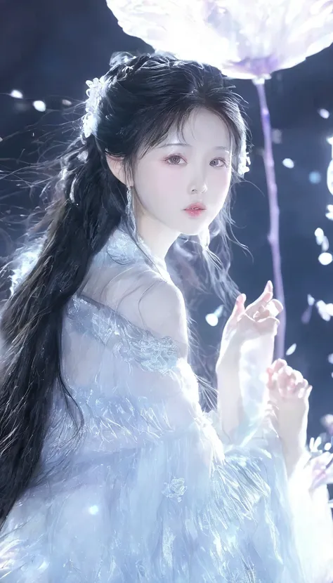 Create douyin character; {background: night}, white skin, realistic, HDR, beautiful, full body, age 20, name card: “LynnA”, female, black hair, long hair, glow light, use magic