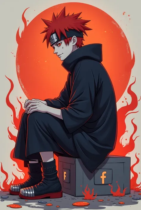  I would like to create an image of a 22-year-old ,  red and big , Tall with a white skin tone ,  young man wearing an Akatsuki robe with Tobis orange mask on his eye the Mangekyou Sharingan from Obito ,  sitting on the Facebook icon and next to you are wr...