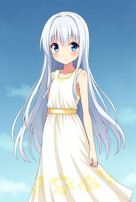  Cute girl  .   With snow-white ,  by long and straight hair . Long bangs ,  divided in the middle .  Eyes are blue like moonlight . body is slender. The chest is almost flat. snow-white , long,  simple dress .  With a belt on her stomach .  And the beauti...