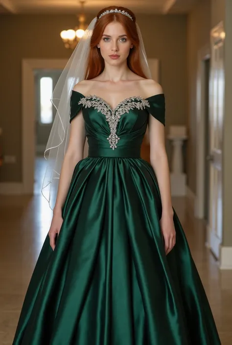 Ultra realistic Picture of a upper body of a beautyful young red haired Bride with a dark green metallic satin Princess Weddingdress with off shoulder straps and silver stones and a bridal veil with diadem. The Bride stands in the Lobby and is ready for th...