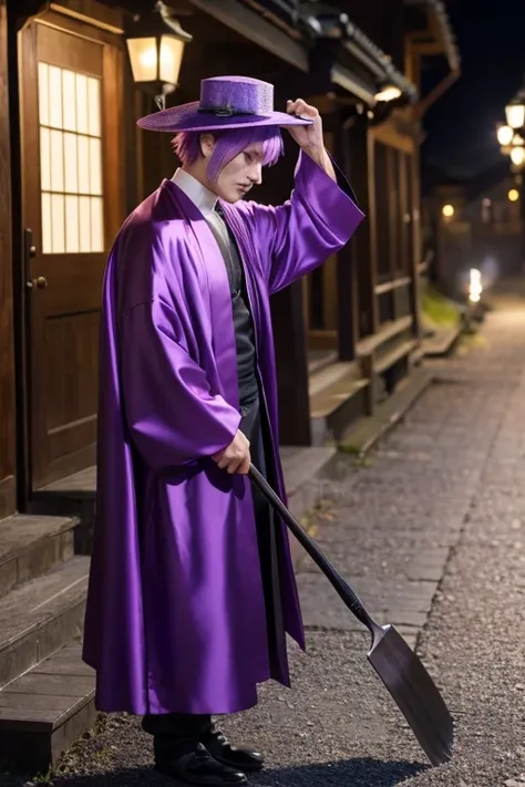 Man with purple hair and a silk hat。The silk hat is black and has a shovel with a lantern