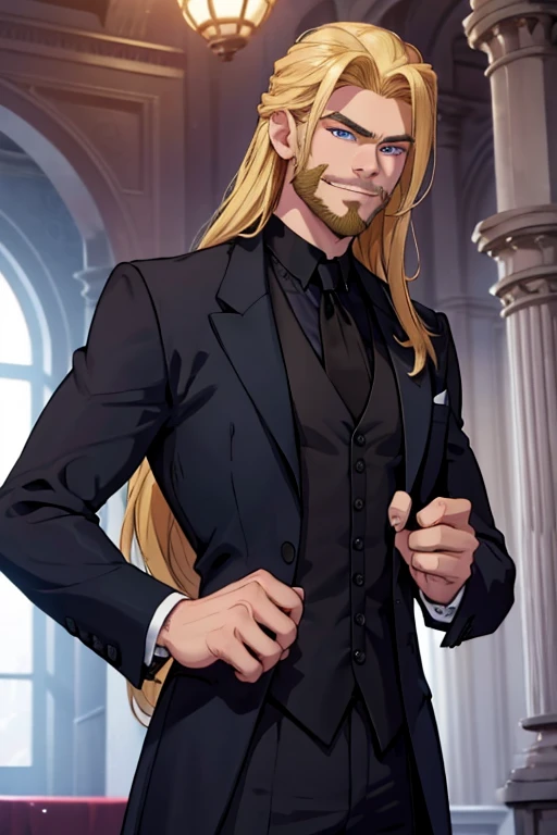 Perfect face. Perfect hands. A muscular blonde hair man with blue eyes and long hair and dark beard in a Goth suit is smiling in a Gothic ballroom