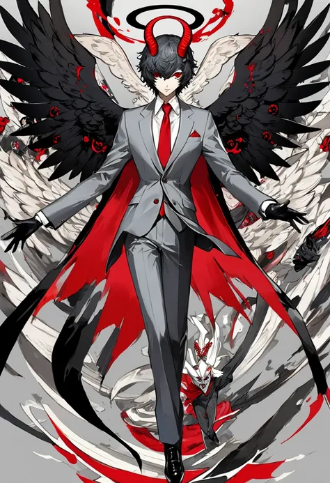 (masterpiece, best quality),Detailed illustration of angel girl, in a highly stylized game character design. (An angel with a goats horns). Baphomet face. Angel wings and angel halo. Wearing a gray suit and red tie..(Character design by shigenori Soejima,C...