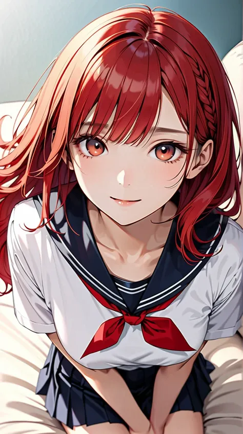 (A 17-year-old girl in sailor uniform: 1.3), (bust shot: 1.3), (beautiful face: 1.5), (detailed face: 1.4), (sharp facial features: 1.3), (gentle smile: 1.3), looking at viewer. The girl is wearing a classic sailor uniform, consisting of a white blouse (bl...