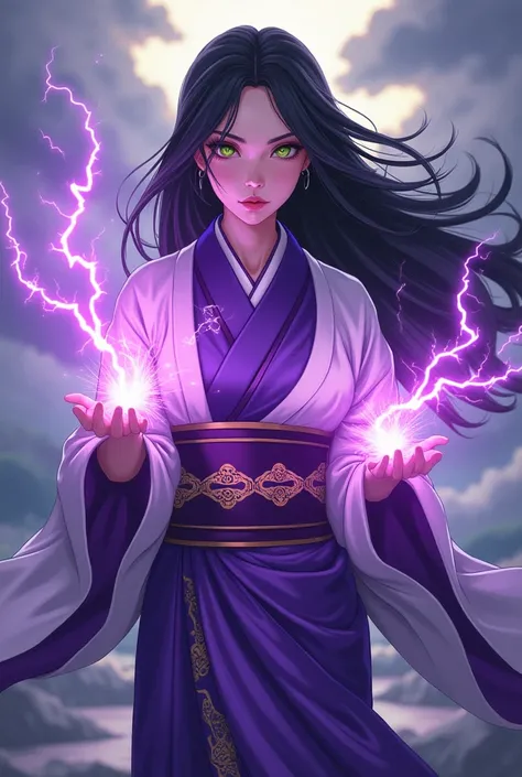  Make a black-haired woman with green eyes,  wearing a purple and white kimono , With purple electrical powers,  anime style 
