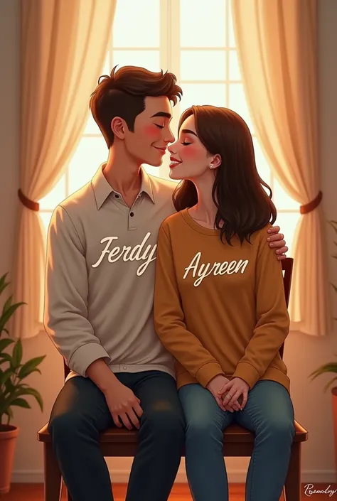 a couple are sitting on a chair and on their clothes there are names (the man is Ferdy and the woman is Ayreen)