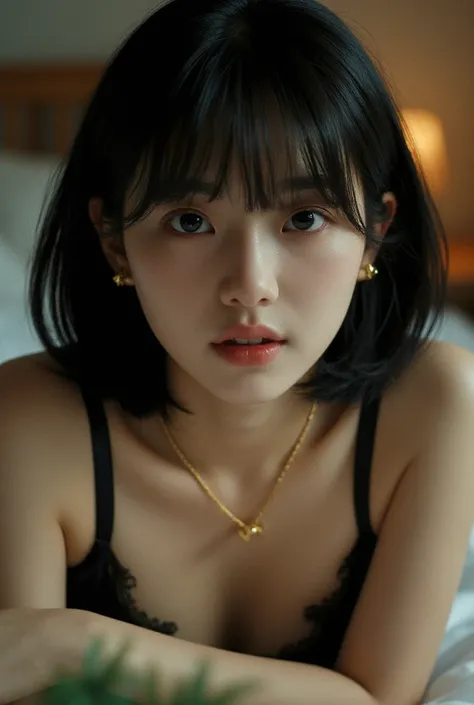 ((top quality)), ((masterpiece)), (Details),one Japanese girl, age 20,droopy eyes,thin lips,smile ,open mouth,look at me with black short bob hair white skin in sliky black nightgown,cleavage, small gold earrings,gold necklace,(accurate anatomy:1.3),lying ...