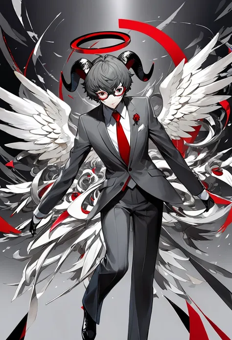 (masterpiece, best quality),Detailed illustration of angel girl, in a highly stylized game character design. (An angel with a goats horns). Baphomet face. Angel wings and angel halo. Wearing a gray suit and red tie..(Character design by shigenori Soejima,C...