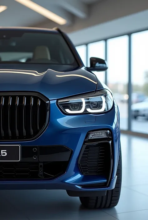 Create a 3d render (front) review car design 2025 (BMW X5)  “(blue) colour with a “(BMW X5) ” logo on back. “ on its  back end look. and Headlights“in pure glossy black with ultra detailed glossy shining image captured from  (front) review showroom car cap...