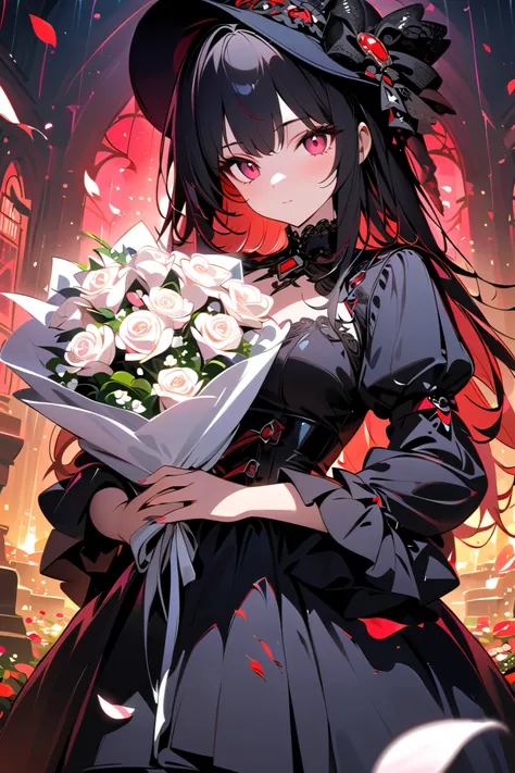 1girl,,face not visible,black Gothic dress,black hat,white bouquet,(holding white bouquet),standing,front,(black petals flying in profusion),Rain of petals,many petals,innumerable petals,petals floating in the air,Art Deco,Color Field painting,rococo style...