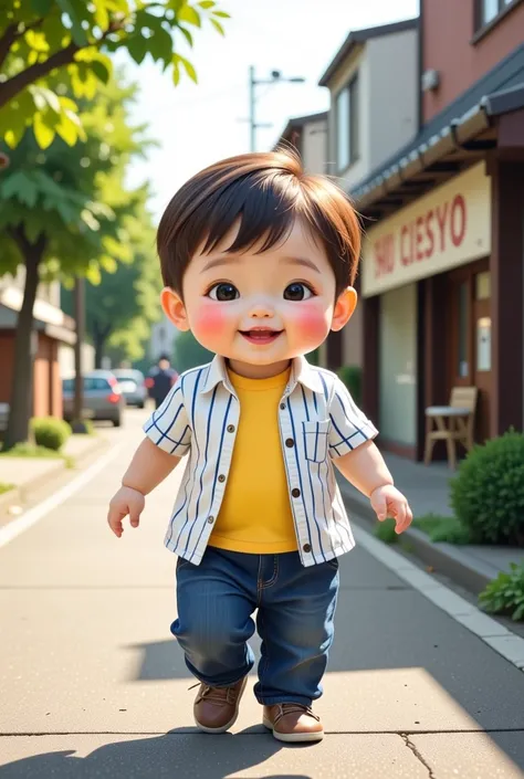 "Ultra-realistic 3D image of a cute and chubby Japanese baby boy, dressed in a white striped shirt with blue lines, a yellow inner t-shirt, and blue jeans. He is wearing small, adorable shoes and walking confidently along a sidewalk. The background feature...