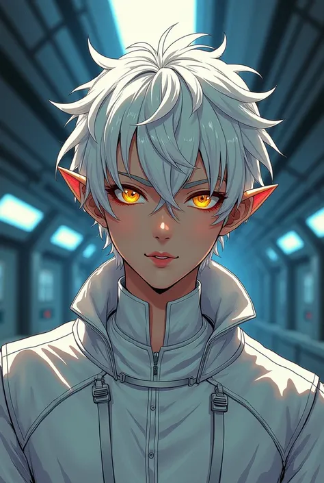 The model is a manhwa man, male alien dressed in futuristic clothes with white hair, golden eyes, painted ears, dark skin, in cramped spaceship in a manhwa style. {{{best quality}}}, {1man}, depth of field, {game cg},angular face, adult, watercolor on pape...