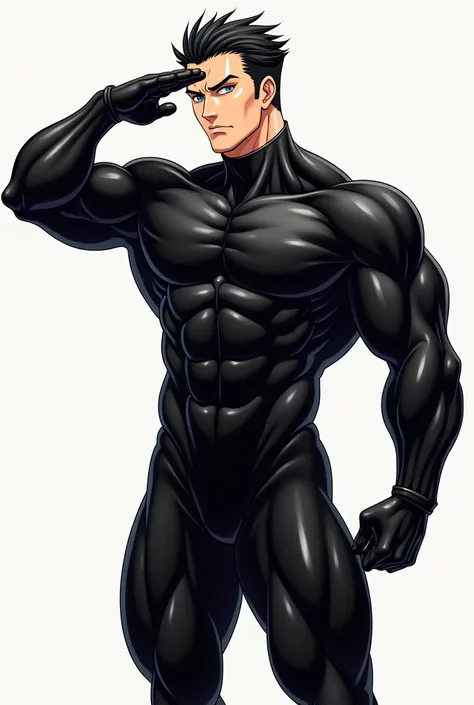 masterpiece, best quality, 8K, ultra res, extremely detailed,, Anime illustration style, muscular man, High image quality. Face the front. Whole body. A manly male in a tight black latex suit. black short hair. black eye, He is saluting proudly. The black ...