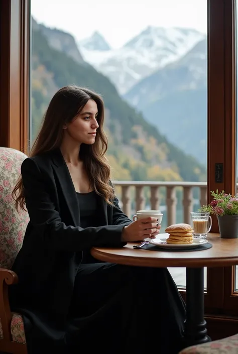 Based on my face creat a pictur of old money girl with long hair ,i want her to wear modest black dress with long coat and long boots with heels and sitting in coffee shop in Switzerland looking at montains and on table breakfast