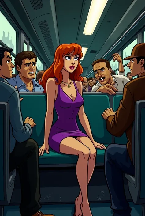  A woman on a bus around several men ,Harassed by several guys Daphne from Scooby-Doo 