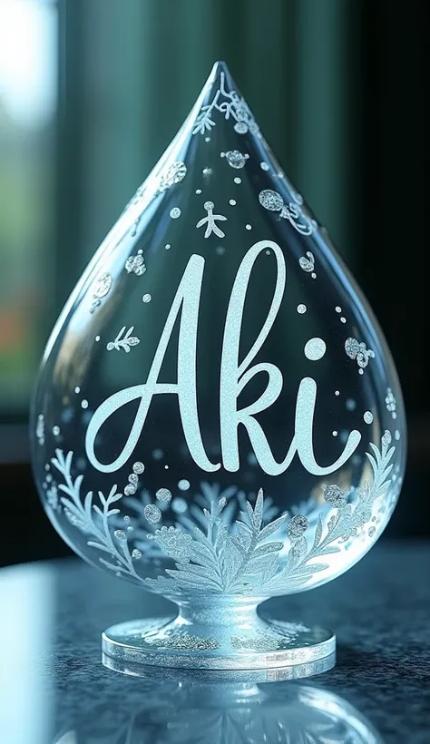 Write the name AKI three-dimensionally in cursive on a glass spade in a fantastic and luxurious way