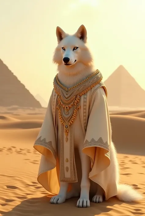 A white wolf in Arabian clothes ,  in the desert and with pyramids in the background 