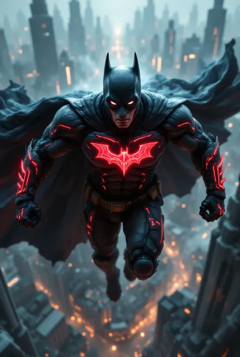 Batman in a hyper-realistic style, wearing a vibranium suit with a bold design, featuring 60% sleek black as the base color and 40% vibrant red accents (#EE2B47). The red is incorporated into glowing geometric patterns and lines across the chest, arms, and...