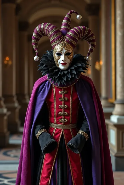 One wearing a court fools outfit and mask wearing black, red and purple.