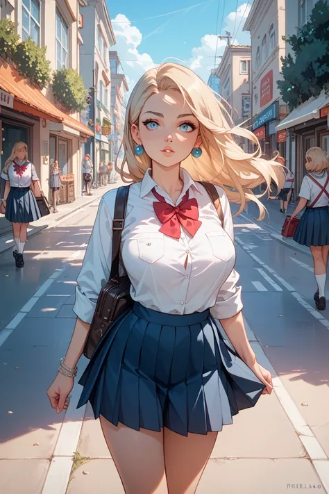  A 17-year-old girl , long light blonde hair,  light blue eyes, PIEL BLANCA,  very large breasts ,  school uniform ,  she has an indifferent and neutral attitude while walking down the street, She is beautiful so people keep looking at her  