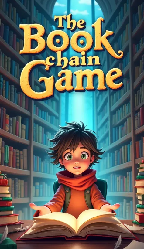 Make a poster picture for a game titled " The Book Chain Game " and title should be written on poster , and make it ish 