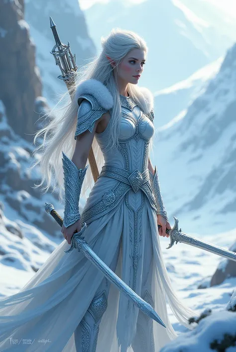 winter elf warrior, with long hair. give her swords in her hands, a bow on her back. dress her in armor. dont forget that she is a winter elf