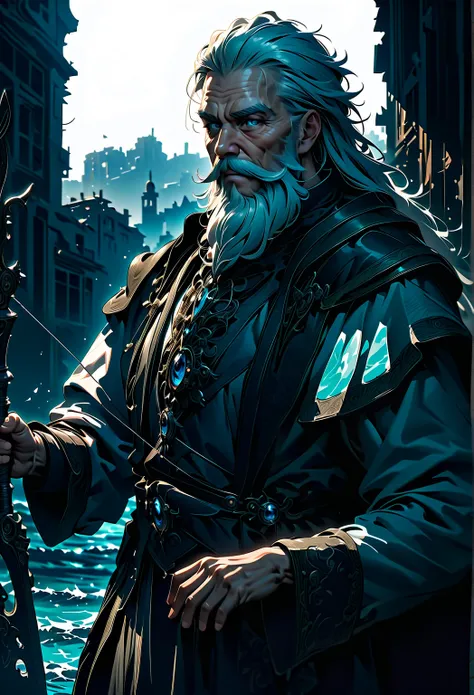 ,Anime adult handsome old male with long white silky hairs, blue ocean eyes , white beard and moustache ,aesthetic , wearing armiur holding bow and arrow, HD  ​masterpiece,hight resolution,top-quality,top-quality real texture skin,hyper realisitic,increase...