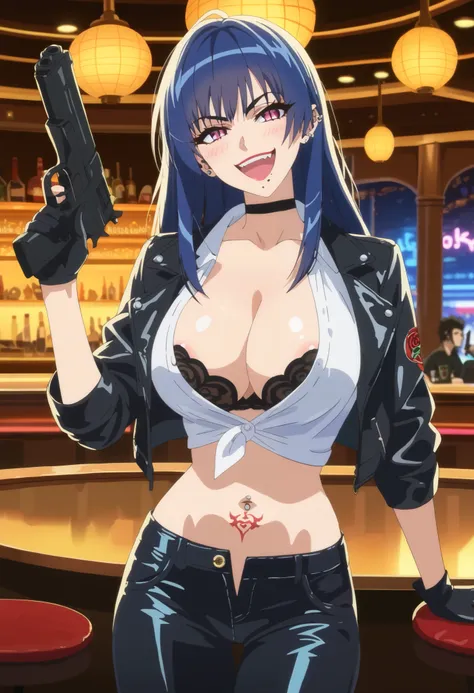 score_9, score_8_up, score_7_up, anime screencap, source_anime, 1girl, solo,
KJOgrace2, blue hair, pink eyes, slit pupils, long hair, mole under mouth, , black gloves, black choker
 seductive smile, blush, laughing, open mouth,
(Beautiful, large Breasts:1....