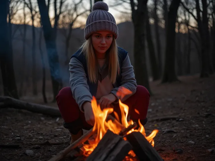  This is a professional photograph of a beautiful young woman camping in the woods;  Shes wearing a fleece jacket and woolen hat ;  Shes at a campfire ;  small campfire ;  winter season ;  cozy atmosphere ; Scenery sunset ;