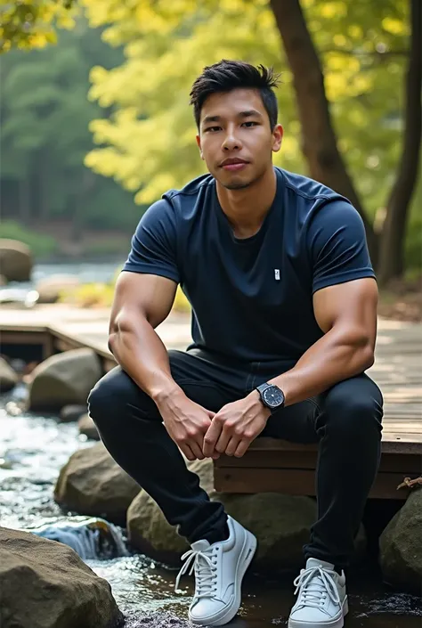 Professional photography, river flowing through a wooden yard, close-up photo of a handsome Korean man กล้ามใหญ่ไหล่กว้าง, (muscular man with short hair), (big muscles, big body), (handsome, fit body), , (muscular man with short hair), (big muscles, big bo...