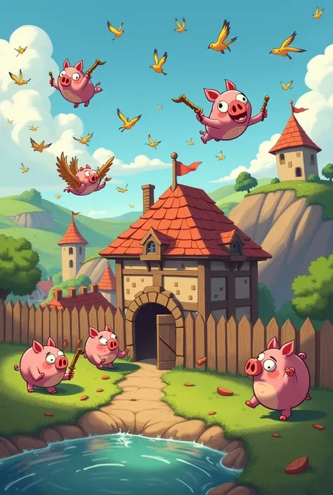 A small pig fortress where pigs are goofing around while birds attack them