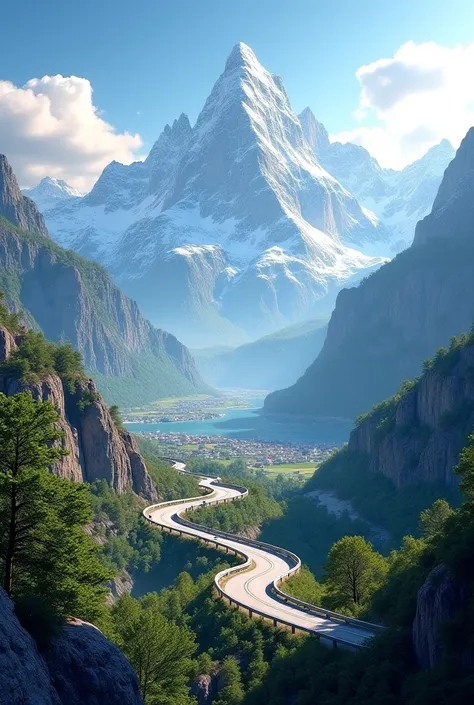 Create an image of mountains with a beautiful highway.