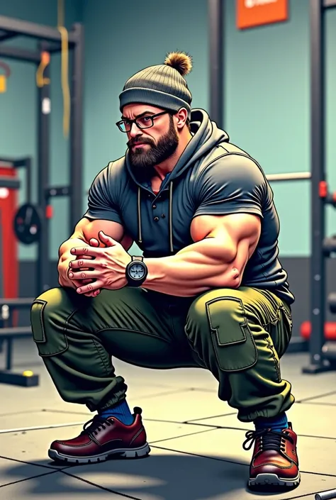 squat,ランジ,barbell,Gym, training event,Bearded,Glasses, skinhead,Beanie, knit , hoodie, cargo pants, musculoskeletal,American comic book style