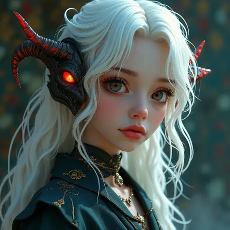 a girl with long,messy white hair,a demon slayer mask on her ear,blue tails,exquisite detailed face,beautiful detailed eyes,beautiful detailed lips,extremely detailed eyes and face,long eyelashes,detailed skin,intricate detailed clothing,beautiful detailed...