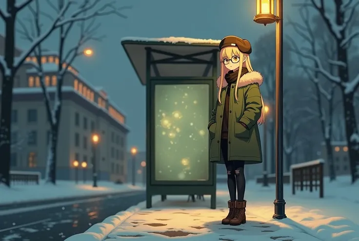  anime-style lantern, , a 25 year old girl with fair skin ,  with long blond hair, wearing a green overcoat , in black jeans, in brown boots, in a Soviet hat with earflaps, in glasses,  stands at a bus stop , winter, in the background of Khrushchev.