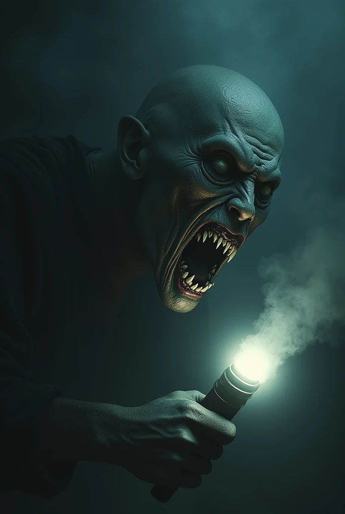 A moment when the flashlight flickers back to life, illuminating the monster’s horrifying face. It has no eyes, pale skin, and a massive mouth filled with sharp, jagged teeth. Behind it, swirling shadows dominate the space.