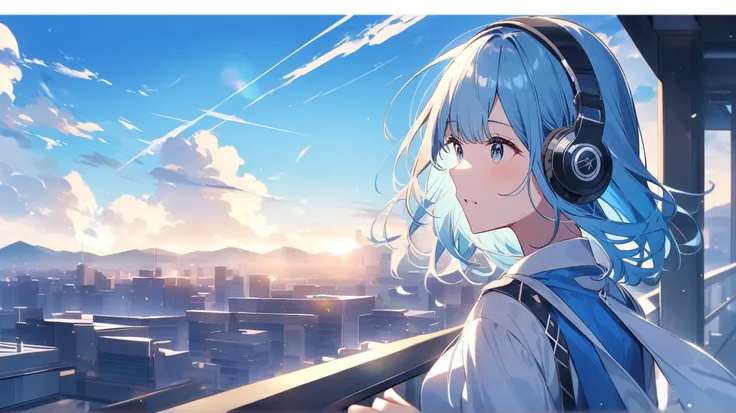  woman with headphones　Morning Clearance々It has a nice atmosphere 　blue sky