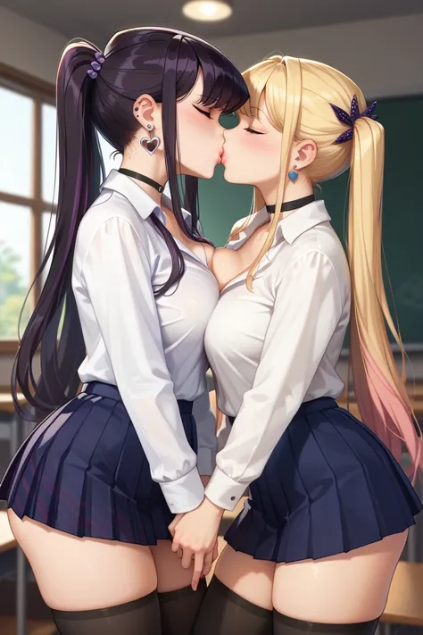 masterpiece, best quality, highly detailed, ultra high res, Komi Shouko kissing Kitagawa Marin, 2girls, ((mutiple girls)), Komi Shouko, Kitagawa Marin, hair ornament, glossy lips, large breasts, white shirt, pleated miniskirt, thigh highs, school field, po...