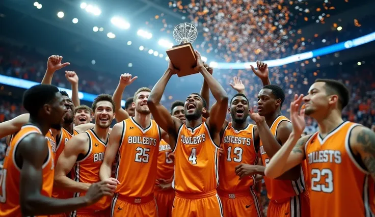 Celebration Scene: A college basketball team in vibrant jerseys celebrating a state championship under bright gym lights. Confetti rains down as players embrace, some raising a trophy high, their faces full of joy and triumph.