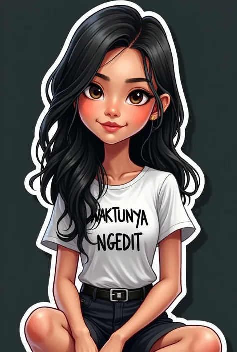 Prompt: super realistic caricature

sticker with intricate details of a

young Indonesian woman with long

black messy hair, she is wearing

white T shirt and black short, sitting

with holding HP

she is holding a HP. Happy facial

expression. in front of...