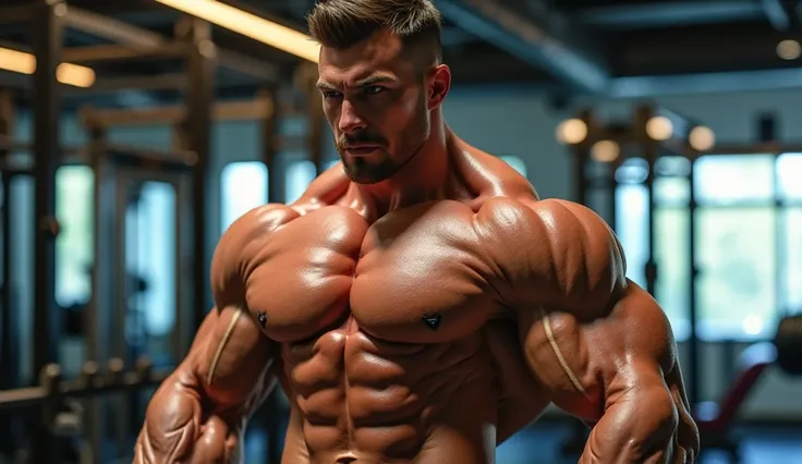 muscular male bodybuilder at the gym, detailed muscular human anatomy, veiny muscles, ripped abs, strong biceps, powerful shoulders, intense expression, gym equipment in background, natural daylight, vibrant lighting, cinematic camera angle, realistic text...