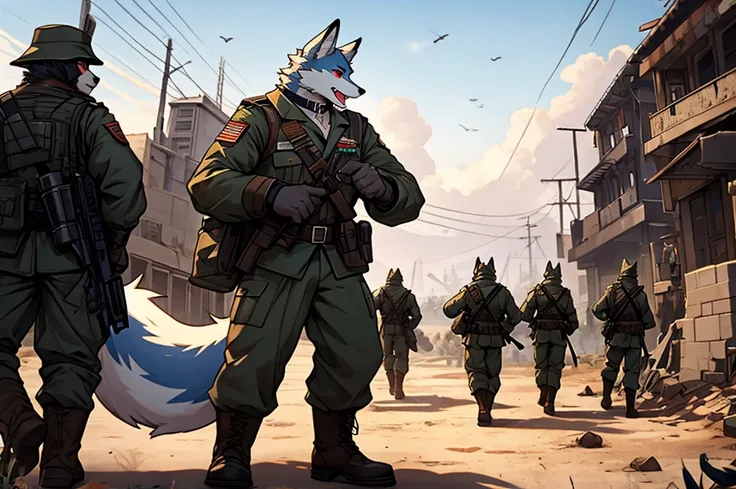 light_blue fox anthro furry male red_eyes adult choker wlistband big_tail short_statue [army_uniform,western_style,tightly] [shouting,reaching_arm,commander,pointing_front,grim_face] background:[modern_war,wasteland,opened_land,in_battlefield,number_of_sol...