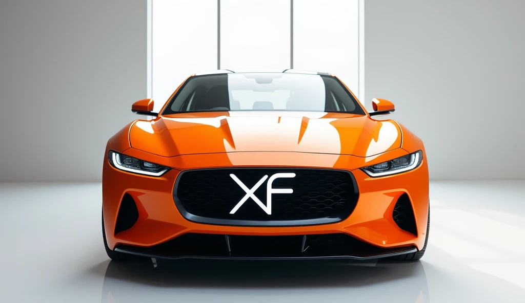 A captivating and futuristic image of the (2025 Jaguar XF) is displayed in a luxurious white showroom. The car is painted in a striking vibrant (orange )hue, emphasizing its sleek, aerodynamic design with bold accents that highlight the cutting-edge innova...