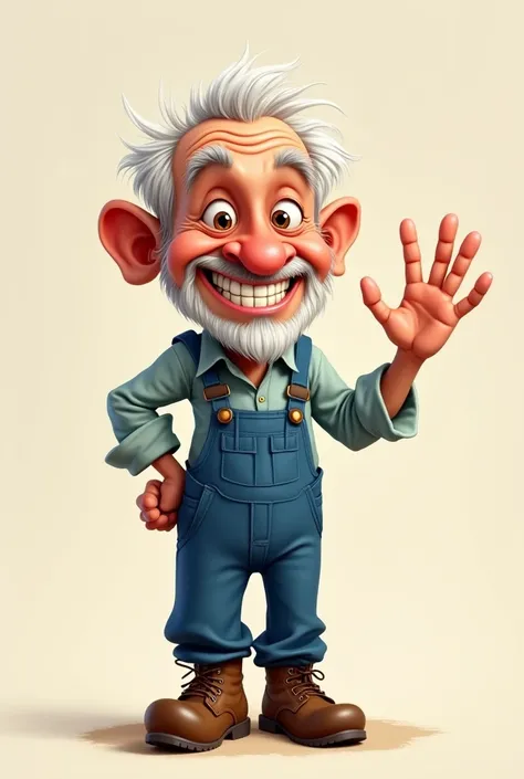  make a caricature of a little old man wearing a blue wearpack work suit dongker brown safety shoes waving to the camera. Natural and nice as a human being 